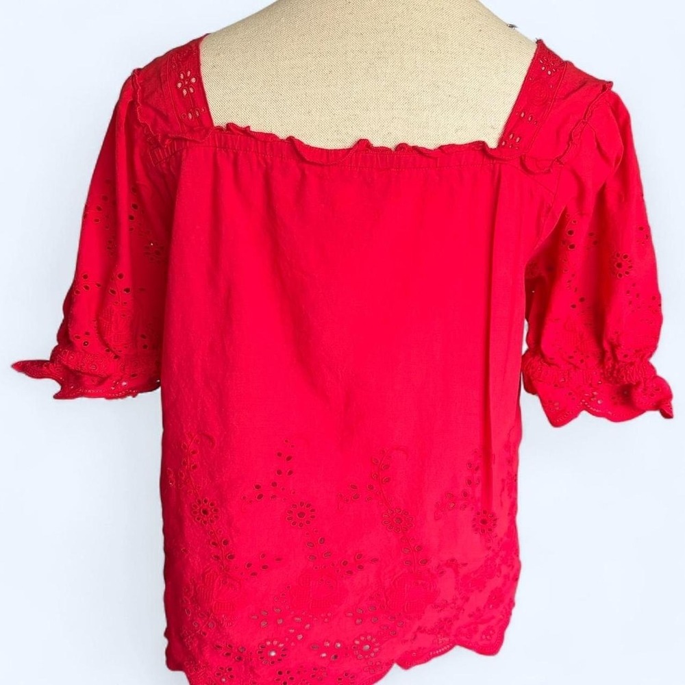 Jennifer & Grace Red Eyelet Ruffle Blouse Square Neck Short Puff Sleeve Medium - Picture 3 of 7